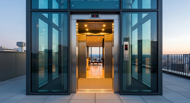Modern glass elevator entrance with golden lighting Creating a Sleek and Sophisticated Corporate Entrance with Polished Finishes