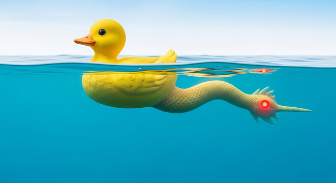 a duck swimming and followed by a snake ghost whose tail glows red