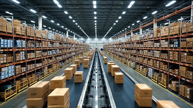 Parcels moving at high speed on conveyor system in modern supply chain warehouse