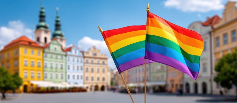 Rainbow flags waving in a European city square with historic buildings