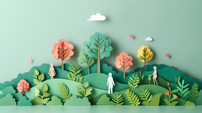 Uplifting 3D paper cut scene of a diverse group of people working together to plant and tend a magnificent large teal tree with visible roots on a warm