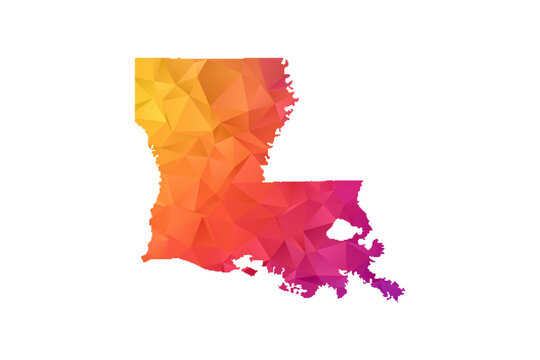 Louisiana Map - Polygon Style Vector Illustration in Orange and Pink Gradient, Low Poly Geometric Design, Isolated on White Background for Infographics and Education.