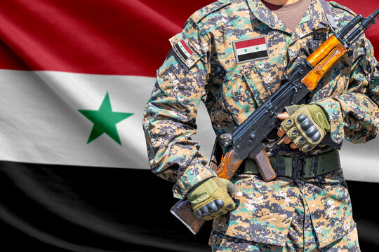 Syria flag with soldier holding assault rifle