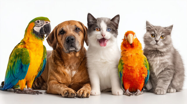 cat and dog and parrots