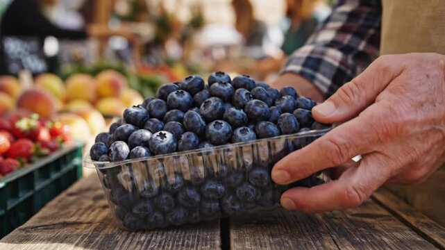 Fresh blueberries in a plastic container on a wooden table at an outdoor market with a person in the background
