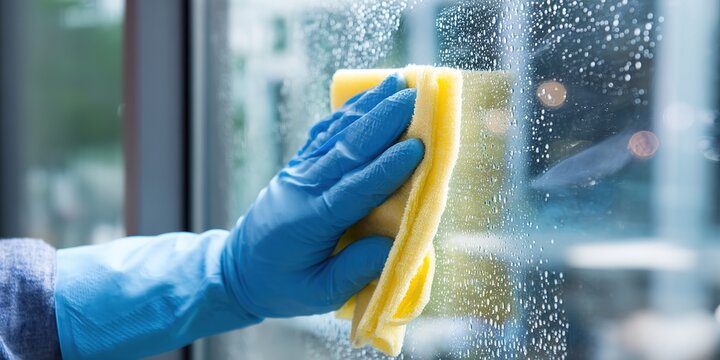 Professional Cleaner Washing Window with Spray and Cloth in Urban Environment Close-up Viewpoint of Sparkling Clean Glass Minimalist Composition for Effective Cleaning Concept