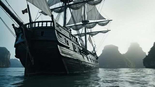 Black wooden galleon sailing in misty waters near limestone karsts under a pale sky