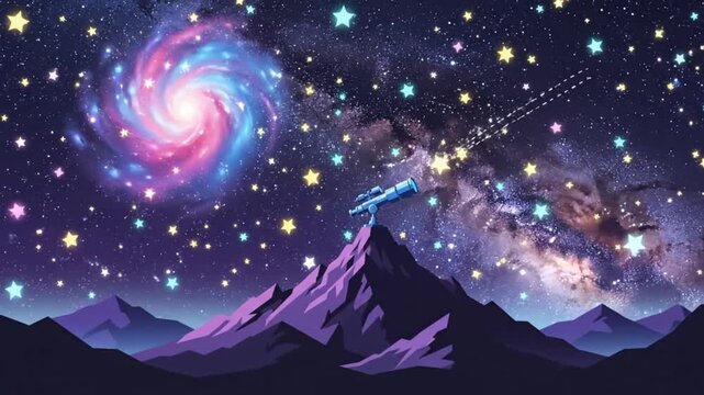 A blue telescope on a mountain peak under a starry night sky with colorful stars