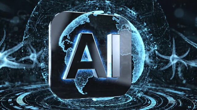 Animated ai text logo rotating in teal and blue gradient with futuristic digital background 4k video
