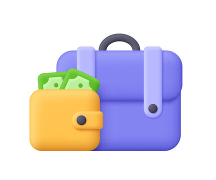 Purple briefcase and yellow wallet with cash banknotes. Personal finance, money management, savings, income, budget and business concept. 3d vector icon. Cartoon minimal style.