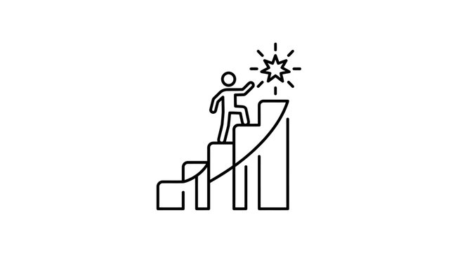 Icon of Business Growth Concept with Person Climbing Bar Chart and Light Bulb in Minimal Line Style