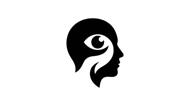 Icon of Human Profile with Artistic Brain Illustration in Black and White Style