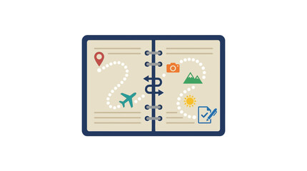 Fototapeta premium Icon of Travel Planning Notebook With Flight, Map, and Camera Symbols in Modern Style