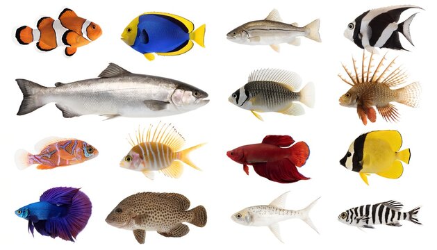 Scientific Ichthyological Collection Portrait of  Diverse Fish Species on White Background Including Clownfish Blue Tang Salmon Betta Lionfish Butterflyfish Moorish Idol and Zebrafish for Marine