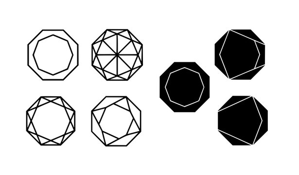 A set of seven geometric polygonal shapes in a modern flat design style with black and white color scheme