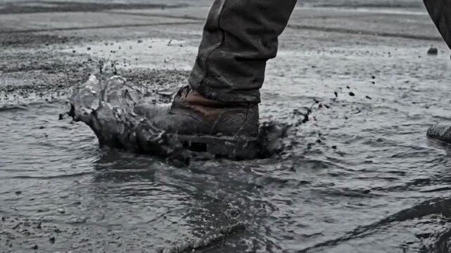 Man's leather boot splashes through a muddy puddle on a paved surface