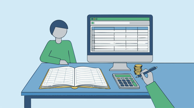 Financial management and data entry concept with desk, computer, and ledger