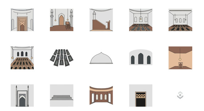 Collection of Mosque Interior Icons and Illustrations in Flat Design