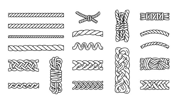 A collection of various rope designs and knots illustrated in a simple black line art style on a white background