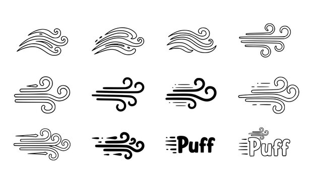 A collection of wind icons and puff logos in various line art styles and designs on a white background