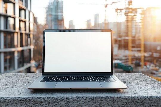 Laptop with blank white screen on a concrete ledge overlooking a sunlit urban construction site and skyline at golden hour, evoking calm focus and quiet anticipation