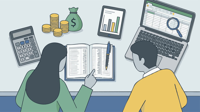Business people analyzing financial data with various tools and documents