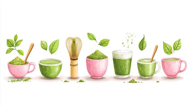 Matcha latte and elements collection with matcha powder,bamboo whisk,healthy popular drink,diet beverages,menu matcha for banners,cafe shop concept