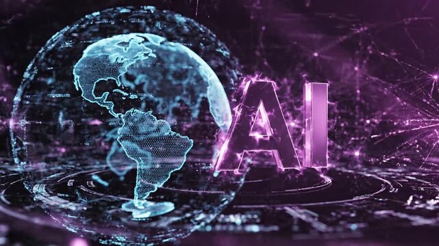 Futuristic ai text logo animation with glowing circuits and rotating digital globe 4k video