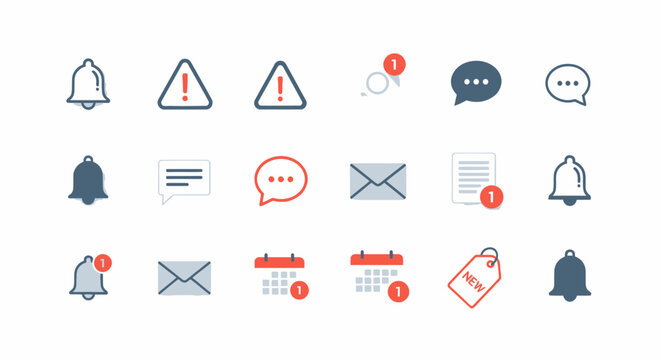 Notification Icons Set: Bells, Alerts, Messages, Calendar, Email, Tag - Vector Illustration