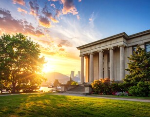 Obraz premium A beautiful sunset bathes a classical building and lush landscape in golden light