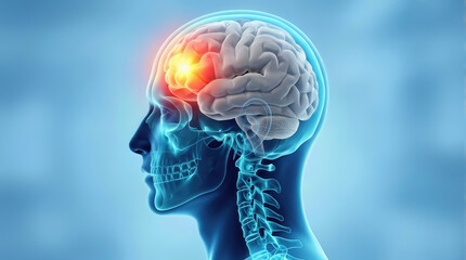 Fototapeta premium Human brain anatomy illustration highlighting neural activity with glowing area, depicting a side profile of a skull and brain structure against a soft blue background
