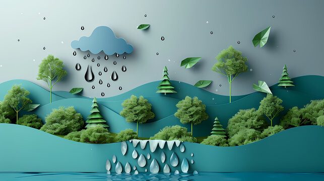Exquisite 3D paper cut artwork shaped as a water droplet, containing a layered teal river landscape, white clouds, a white flower, green ferns and leaves, and glass-like water droplets below.