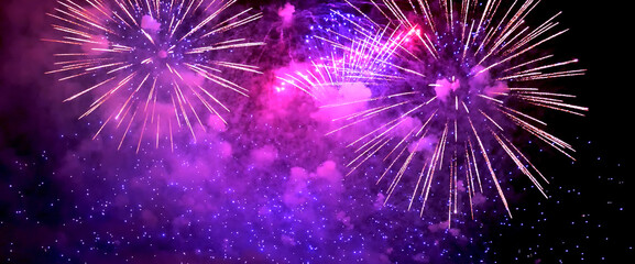 Banner Purple firework night time National holiday. Violet firework New year 2026 festival copy space. Purple Firework celebrate anniversary happy new year 2027, 4th of july holiday festival. Purple