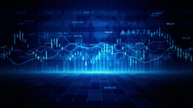 Global stock market visualization featuring candlestick charts, financial data lines, and world map background, ideal for trading, investment, fintech, and financial analytics background concept