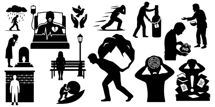 Collection of social issues and mental health problems silhouettes. People suffering from depression, addiction, poverty, illness, stress and grief, isolated. Vector illustration.