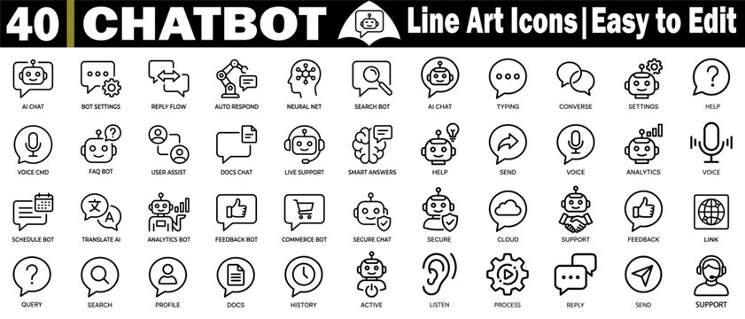 Chatbot icon set. Collection including AI chatbot settings, reply flow, auto respond, neural net search typing, converse voice analytics schedule, and translate. vector illustration.