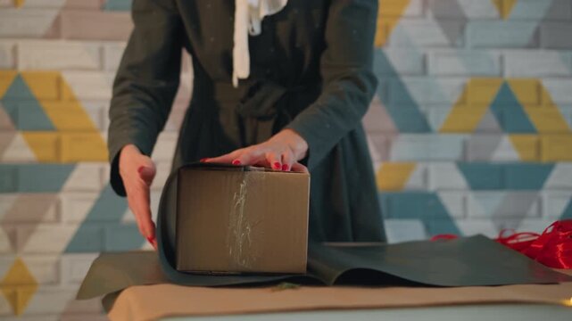Hands wrapping christmas present on table with brown box, red ribbon and gold ornaments woman carefully folds paper, applies tape and smooths edges in warm studio with geometric wall backdrop and soft
