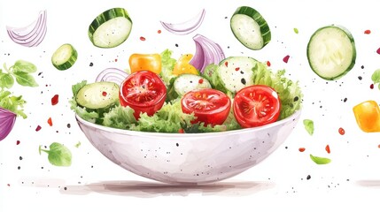 Naklejka premium Appetizing Salad bowl and salad elements collection,healthy fresh vegetables,Healthy nutrition, menu or poster,banner for cafe or restaurant concept.