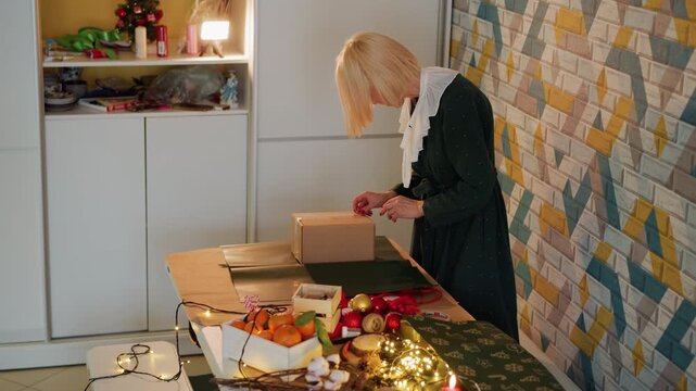 White woman packing Christmas presents at table. Busy holiday workstation with string lights, ornaments, cardboard boxes, ribbon spools, gift tags, bowl of treats, warm lamp, patterned tile wall,