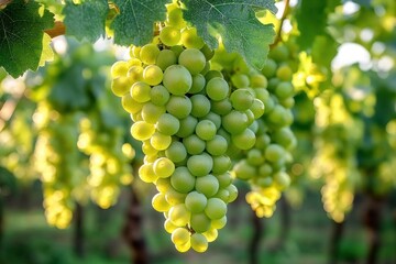 Fototapeta premium sunlit cluster of green grapes hanging from a vine with leaves in a blurred vineyard, fresh ripe summer abundance and serene greenery