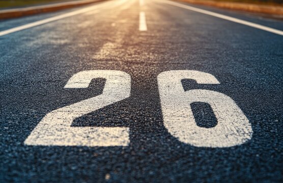 close-up textured asphalt road with large white number 26 painted on surface, center lane markings stretching toward warm sunrise, evoking anticipation and a sense of journey