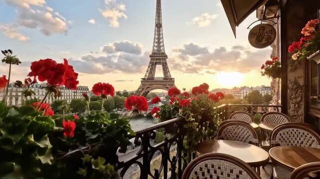 Outdoor cafe with Eiffel Tower view for environmental projects, nature documentaries, and commercials