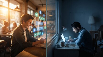Fototapeta premium Two men working on laptops in office and home environments respectively