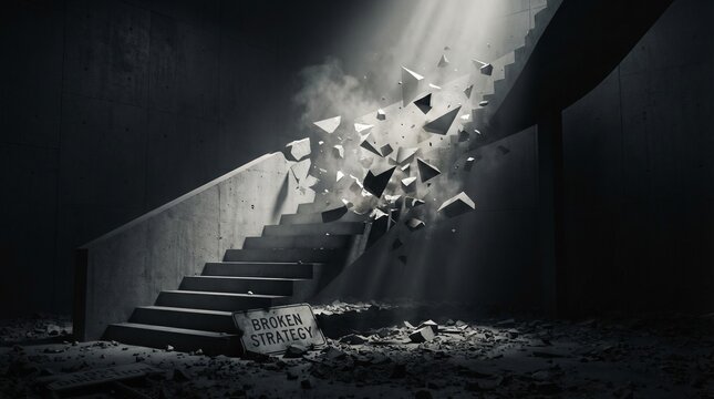 Staircase explodes in dark room with debris flying everywhere suddenly