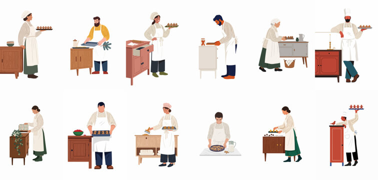 A collection of diverse people baking gingerbread cookies in cozy kitchen settings, wearing festive sweaters and aprons during the winter season.