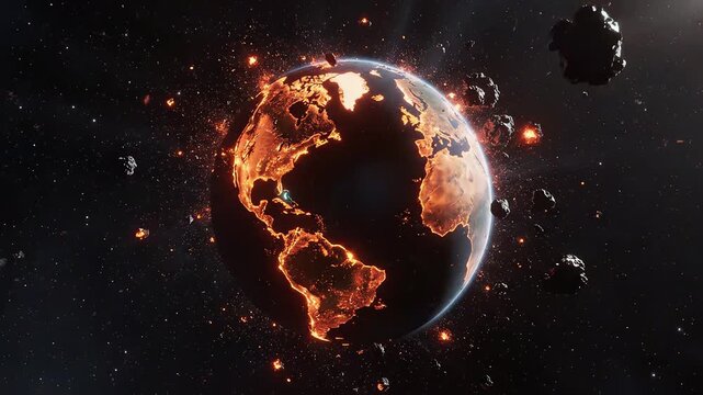 Exploding planet with lava and smoke for tech concepts, digital marketing, and scientific projects