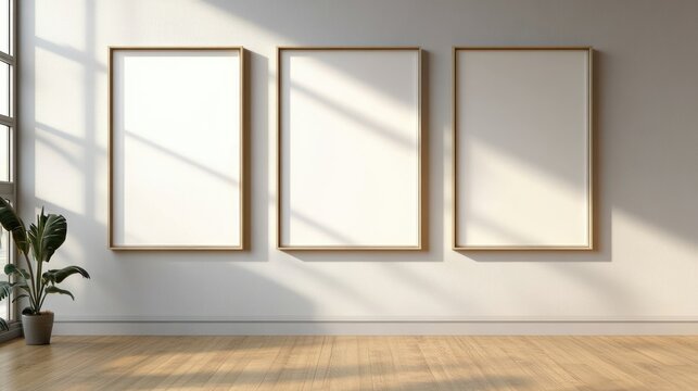 Three empty gold-framed vertical canvases on a white wall in a sunlit minimalist room with wooden floor and a potted plant, evoking a calm, contemplative mood