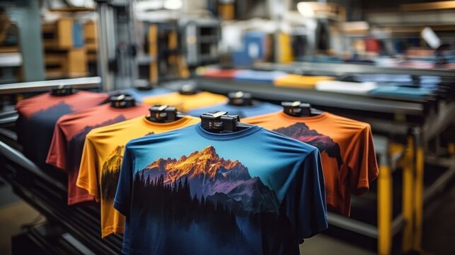 Colorful printed t-shirts with mountain landscape designs on mannequin busts in a busy apparel printing workshop, evoking adventurous and vibrant energy