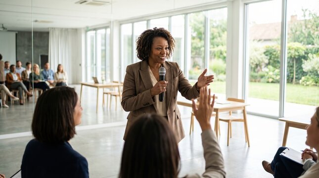Confident female speaker holding microphone addressing small diverse audience in bright modern meeting room, warm engaging expression and raised hand interactions