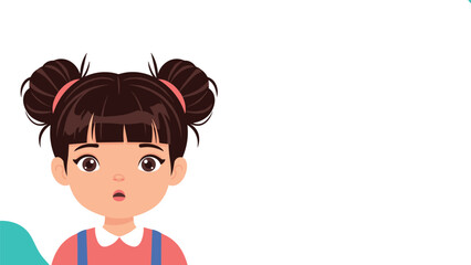 Obraz premium Expressive portrait of a cute young girl with dark hair in pigtails looking surprised with wide eyes.